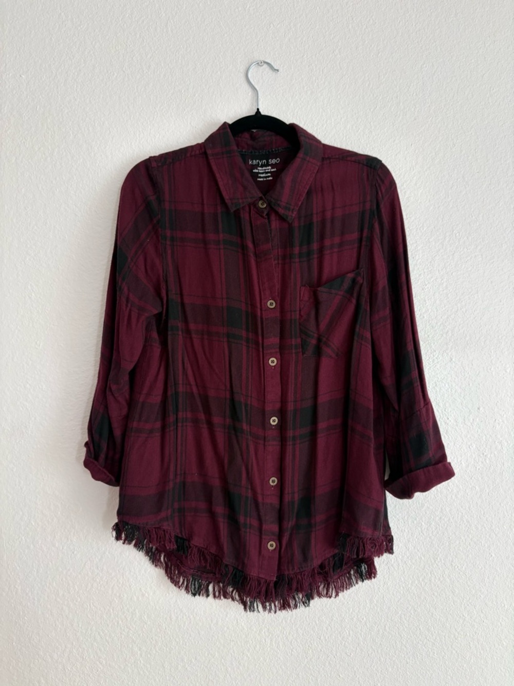 Karyn Seo Size M Burgundy Plaid Button Down Fringed Hem Long Sleeve Shirt